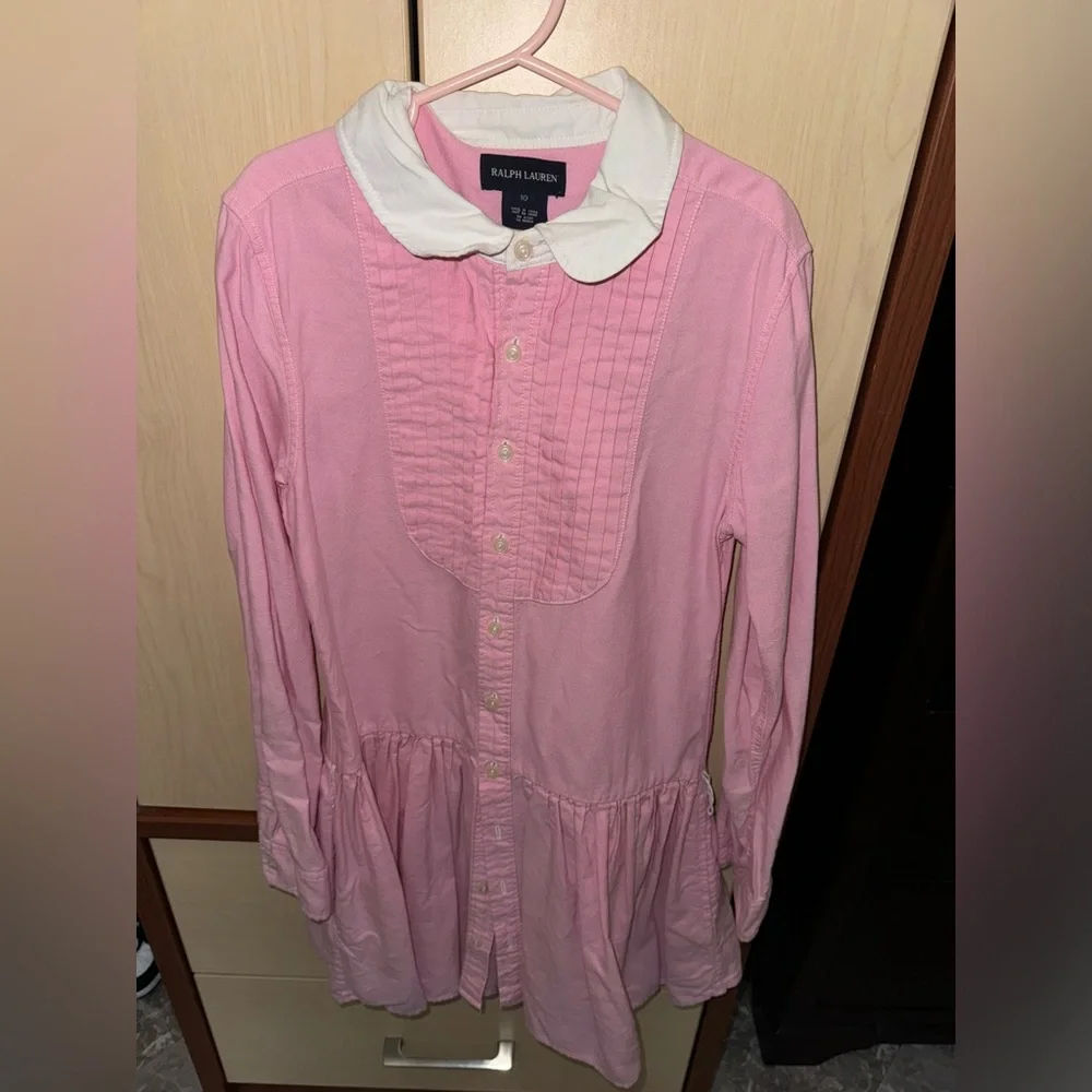 Ralph Lauren Girls Pink Pintuck Button Front Dress Size 10